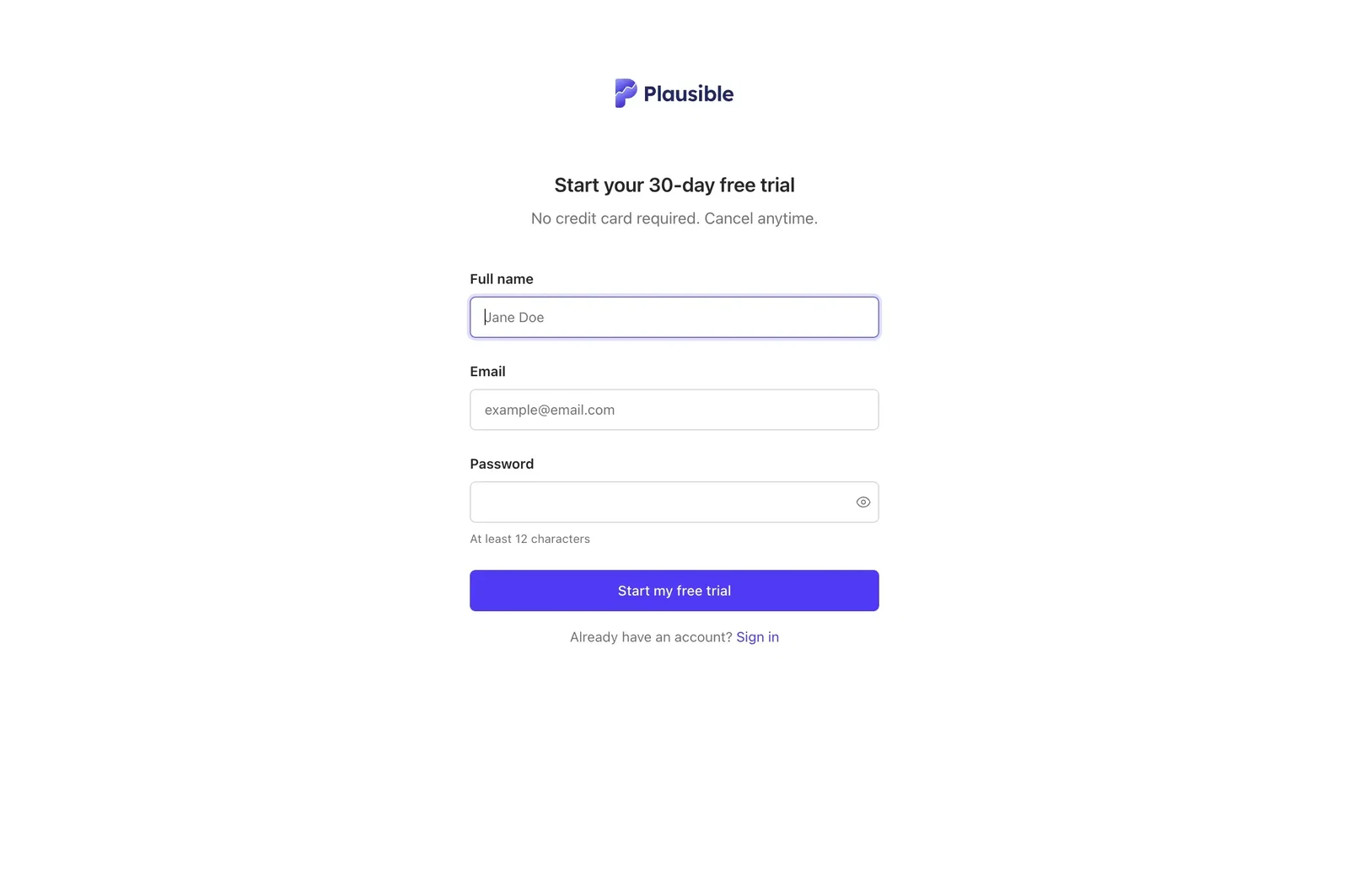 Register for an account with Plausible Analytics