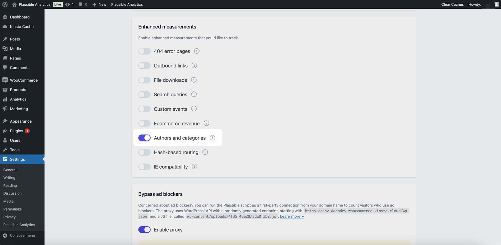 turning on Authors and Categories setting in Plausible plugin settings turning on Authors and Categories setting in Plausible plugin settings